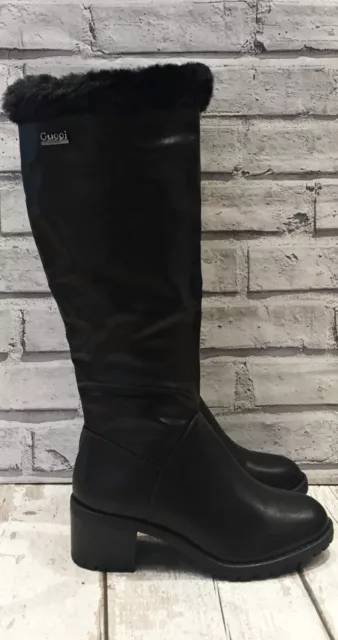 Ladies Smart Black Leather Look Knee Calf Boot Low Block Heel Flat Fur Zip Up 2
