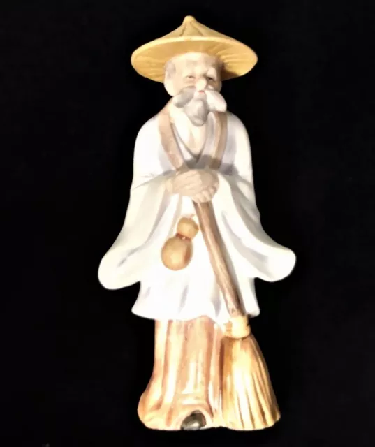 Vintage Chinese Japanese Old Man with Broom Figurine 6" Porcelain Made in Japan