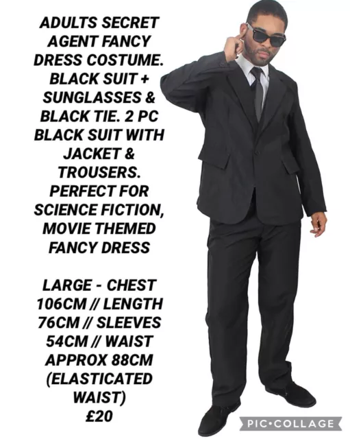 MENS PLAIN BLACK SUIT FANCY DRESS TUXEDO COSTUME SECRET AGENT BLUES OUTFIT