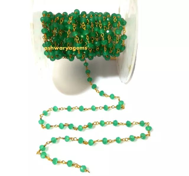 Rosary Chain Green Chalcedony Lab-Created Hydro Beaded Gold Plated Wire 10 Ft.