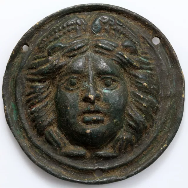 Ancient Roman bronze round & mount ornament depicting Apollonia Face ca 100-400