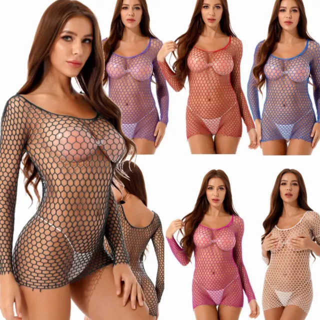 UK Womens Long Sleeve See-through Mesh T-shirt Hollow Out Fishnet Top Clubwears