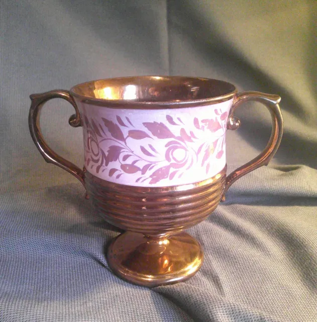 Antique Handled Copper and Pink Lustre Goblet - Loving Cup