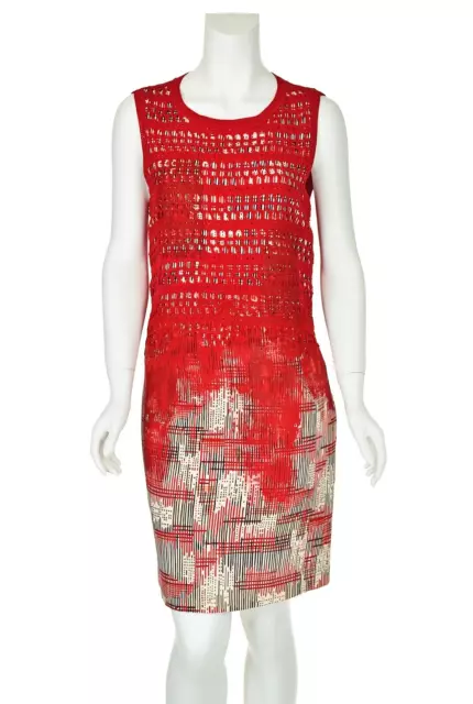 BOTTEGA VENETA Red & Ivory Handpainted Silk  Dress with Crochet Overlay IT40 US4
