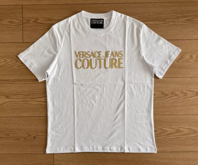 Versace Jeans Couture T-shirt LARGE Size GOLD Logo Print WHITE Cotton