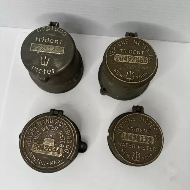 LOT of 4 Vintage Water Meter Brass Covers, Trident Neptune Co New York, Hersey