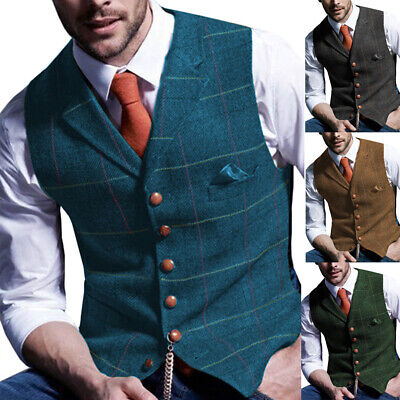 Herren Blau Tweed Weste Herringbone Wolle V-Hals Vintage Anzug Lapel Plaid S-3XL