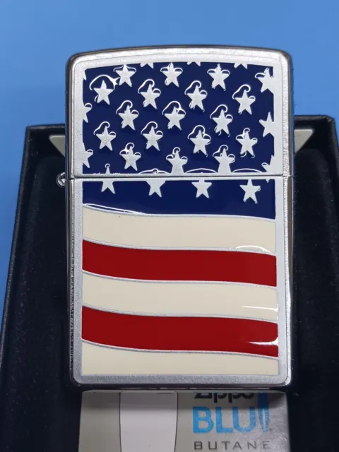 Zippo Land of the Free USA Flag Emblem 24873 Brushed Chrome