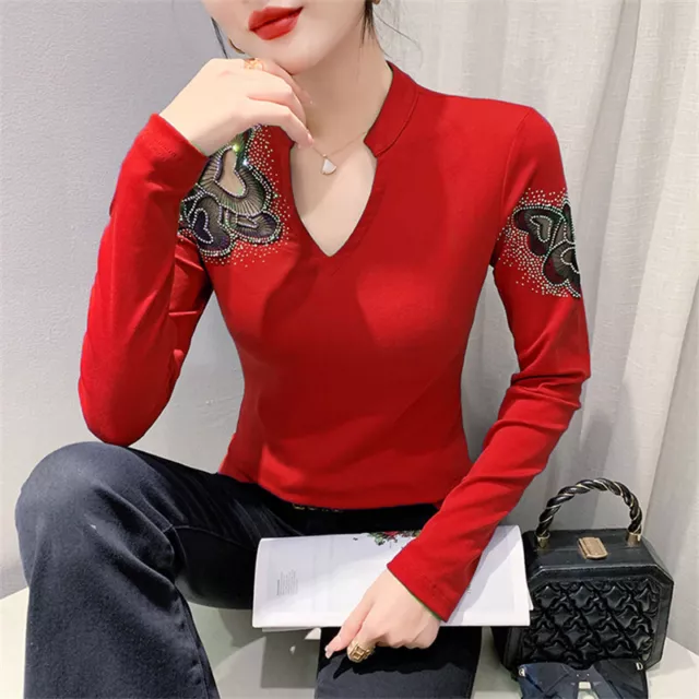 Sexy Women Long Sleeve V Neck Rhinestone Cut Out Slim Stretchy Shirt Blouse Tops