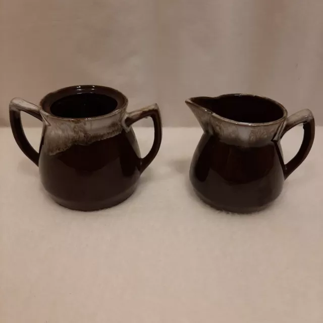 Vintage Brown Drip Glaze Pottery Creamer & Sugar Bowl No Lid Ceramic Kitchen