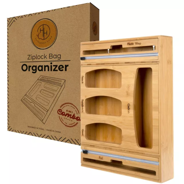 6-in-1 Slim Profile Bamboo Ziplock Bag Organizer for Drawer - Foil and Plasti...