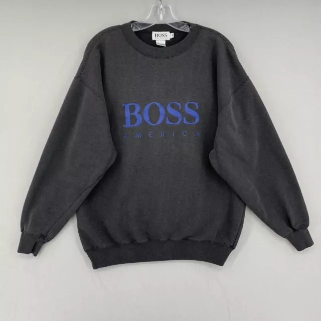 Vintage HUGO BOSS America Sweatshirt Mens Medium Gray Blue Logo Crewneck 90s