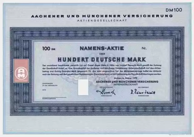 Aachener Münchener Versicherung 1970 Cosmos AMB Generali Allianz 100 DM Blanko