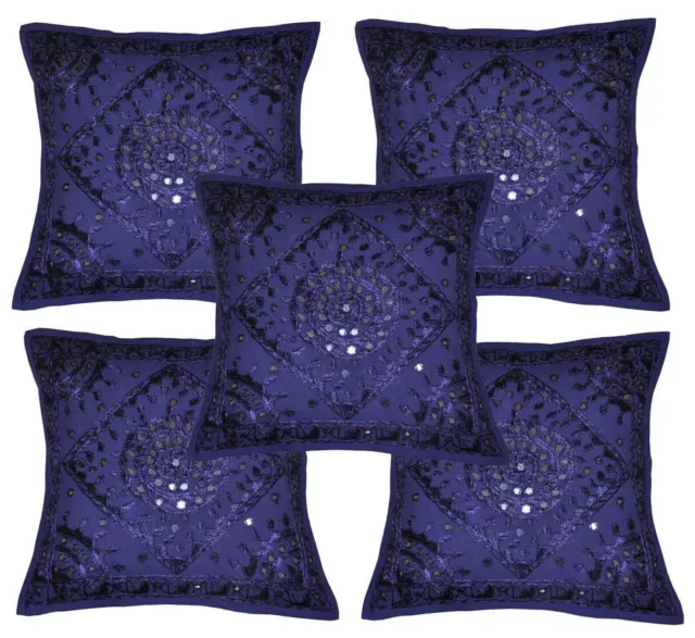 Funda de almohada decorativa bohemia bordada azul con espejos, 16.0 x 16.0 in 5