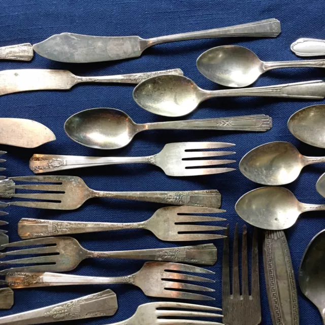SILVER-PLATE FLATWARE vintage mixed  lot - 80 plain & fancy-handle craft upcycle 3