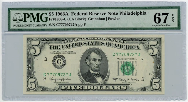 Fr. 1968-C $5 1963A Federal Reserve Note Philadelphia Fancy  67 EPQ PMG  DC-2236