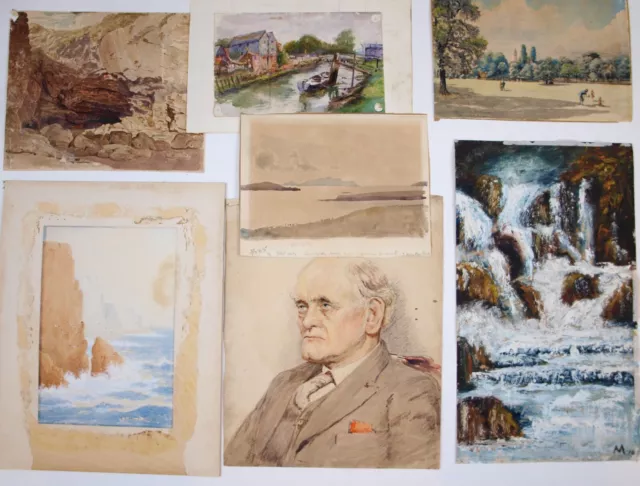 Lot of 6 watercolours and one oil on paper, landscapes and one portrait