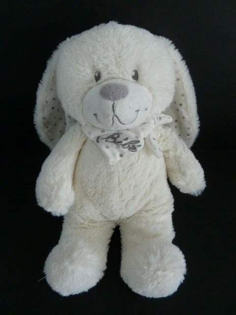 C. DOUDOU PELUCHE POMMETTE LAPIN BLANC GRIS POIS BEBE FOULARD 27cm - TTBE