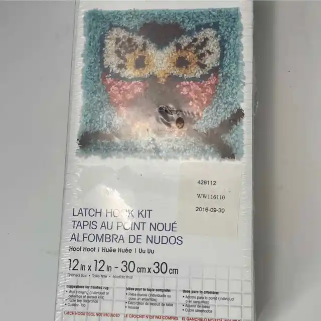 Kit de alfombras de arte de pared Latch Hook búho Wonderart EE. UU. 12"" × 12"" nuevas instrucciones en caja