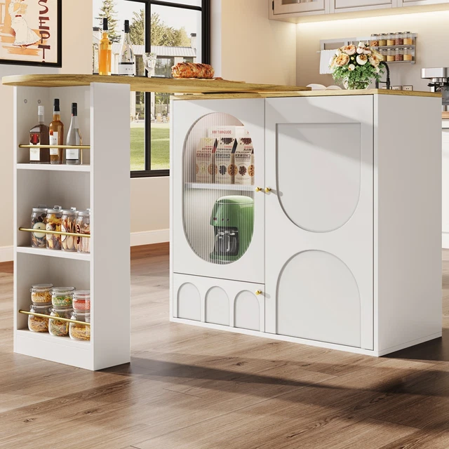 KITCHEN ISLAND EXTENDABLE Bar Table with Storage Cabinet Cupboard ...