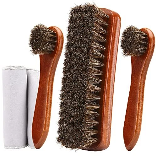 4-Piece Horsehair Shoe Brush Shine Kit, Shoe Polish Kit, Leather Shoes Boot C...