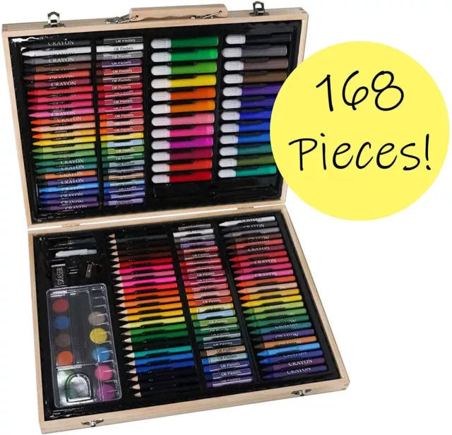 168pc KandyToys Wooden Artists Set Art Box with Pens Pencils Crayons & Paints