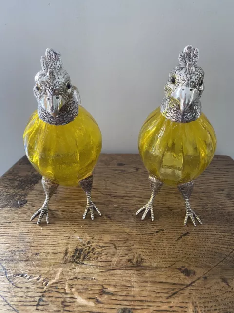 Pair Yellow Glass & Silver Plated Bird Claret Jug Decanters