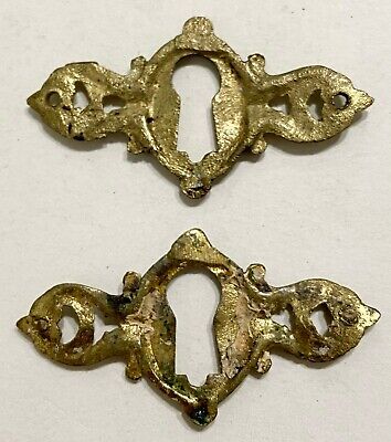 Vintage Ornate Brass Skeleton Key hole Escutcheon 1 3/4' x 7/8" 2