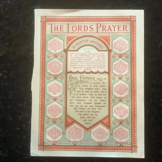 “The Lord’s Prayer In Fourteen Languages” Antique 1871 Phillip R. Morris Print.