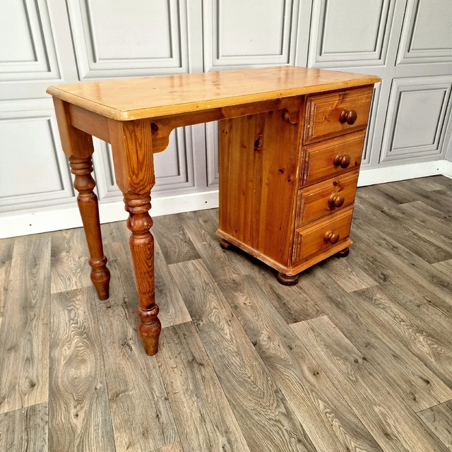 Toeletta vintage legno massello pino piedistallo scrittura cassettiera ufficio -4