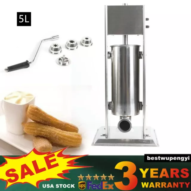 Heavy Duty 5L Commercial Stainless Steel Manual Churro Maker Machine &4 Nozzles