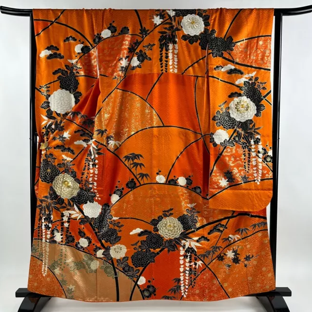 Japanese Silk Kimono Vintage Furisode Gold Gorgeous Orange Embroidery plum 62in
