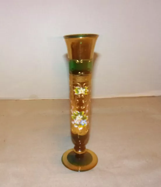 Emerald Green Glass Bud Vase w/24K Gold Filigree & Floral Relief Motif