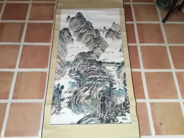 Antique Qing Chinese scroll painting mountains & trees in mist 69”x 32” 19thc