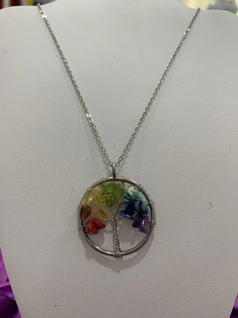 Pendant Necklace Natural Gemstone Tree of Life 7 Chakra Healing Crystal Charm 3