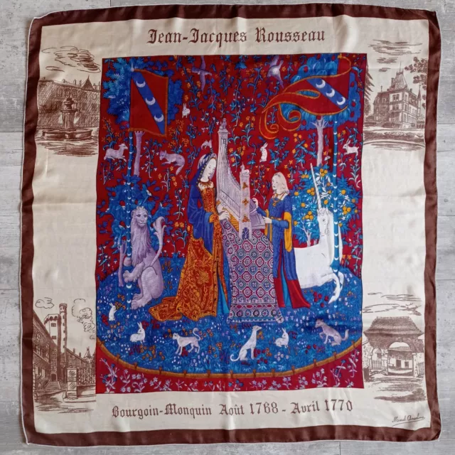 Foulard vintage soie Jean Jacques Rousseau Bourgoin Monquin signé Marcel Anselm