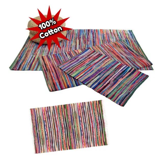 Recycled Cotton Fair Trade Loom Mat Handmade Multi Coloured Chindi Floor Rag Rug