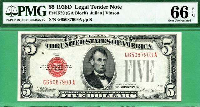 1928D $5 USN - PMG GEM 66 with EPQ - Fr 1529 - 1928 D - PMG GEM 66 with EPQ
