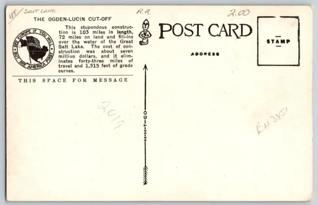Great Salt Lake, UT - Southern Pacific RR, Ogden Cut-Off - Vintage Postcard 2