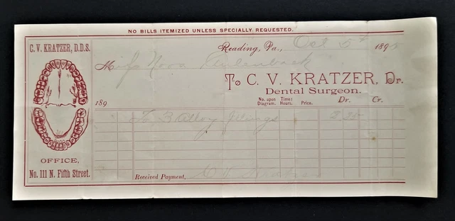1895 antique DENTAL SURGEON BILLHEAD reading pa KRATZER teeth dentist AULENBACK