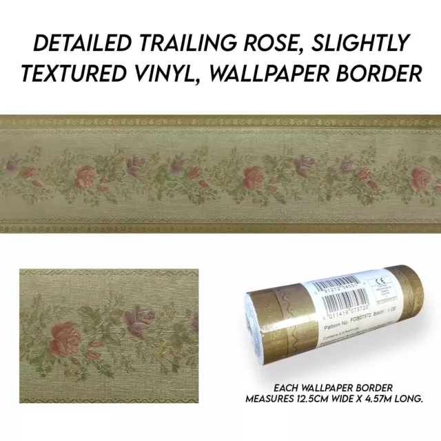 Detailed Trailing Rose, Slightly Textured Vinyl, Wallpaper Border 72