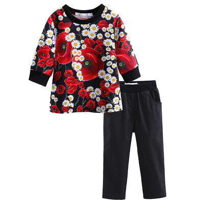 Girls Clothes Set Daisy Poppy Flower Sweater Top + Trousers Pants Kids Outfit