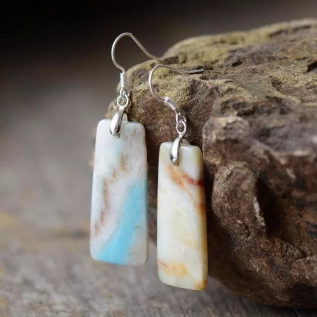 Genuine Amazonite Boho Women Slab Dangle Healing Reiki Balance Earrings Gifts