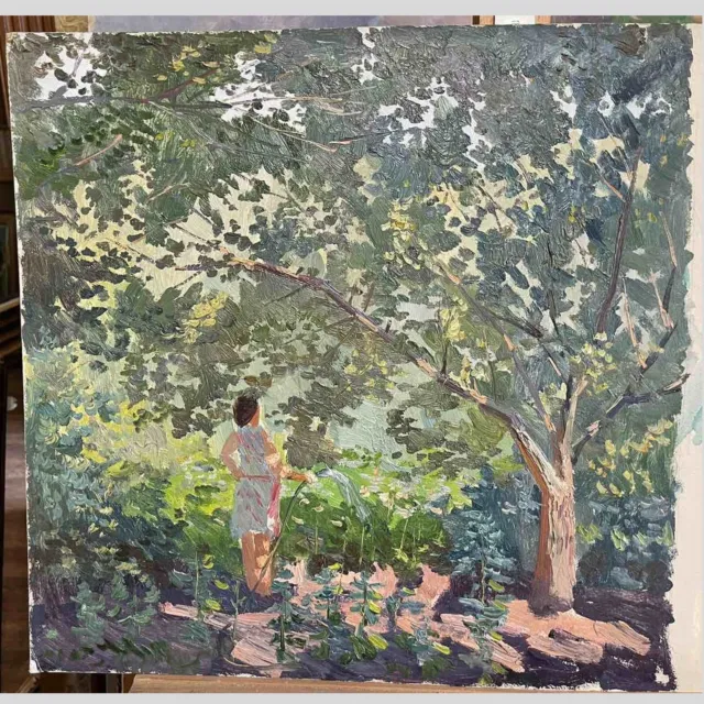 Old Big OIL Hand PAINTING /Woman watering the Garden/USSR Vintage Realism SIGNED