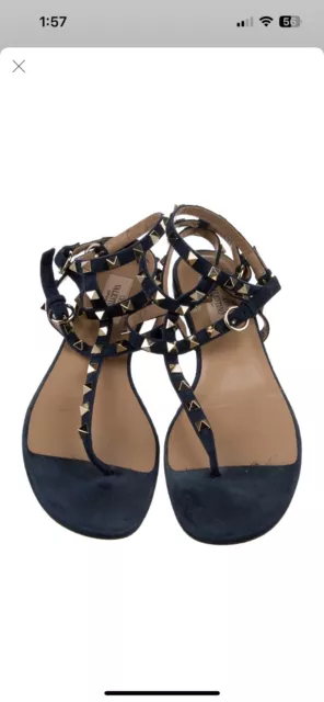 VALENTINO GARAVANI Rockstud Navy Suede Leather Flat Gladiator Strappy Sandal 3