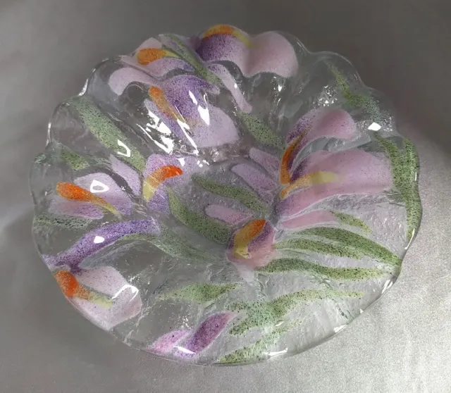 SYDENSTRICKER Pink/Purple/Green Iris Floral Fused Glass Bowl w/ Ruffled Edges