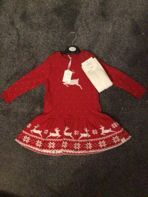 bnwt girls dress & tights set age 18 months - 2 years christmas design