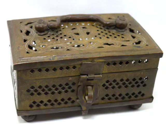 19C Antique Brass Big Betel Nut Box Floral Engraving Jali Cut Work. G7-124