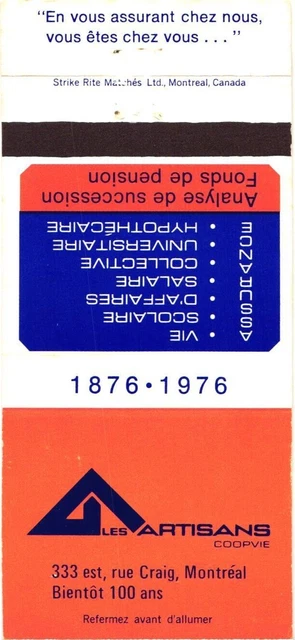 Montreal Quebec Canada Les Artisans Coopvie Life Vintage Matchbook Cover