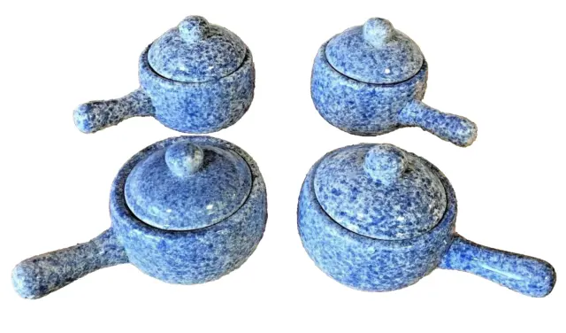 4 Vintage Soup Crocks Bowl Blue Spongeware with lids Bean Pots Individual